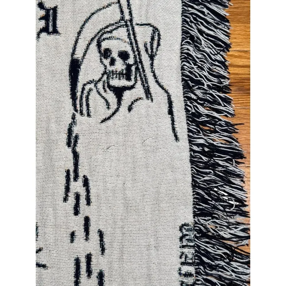 Gothic Woven Tapestry Throw Blanket Skull Grim Reaper Punk Art 80x60 Fringe